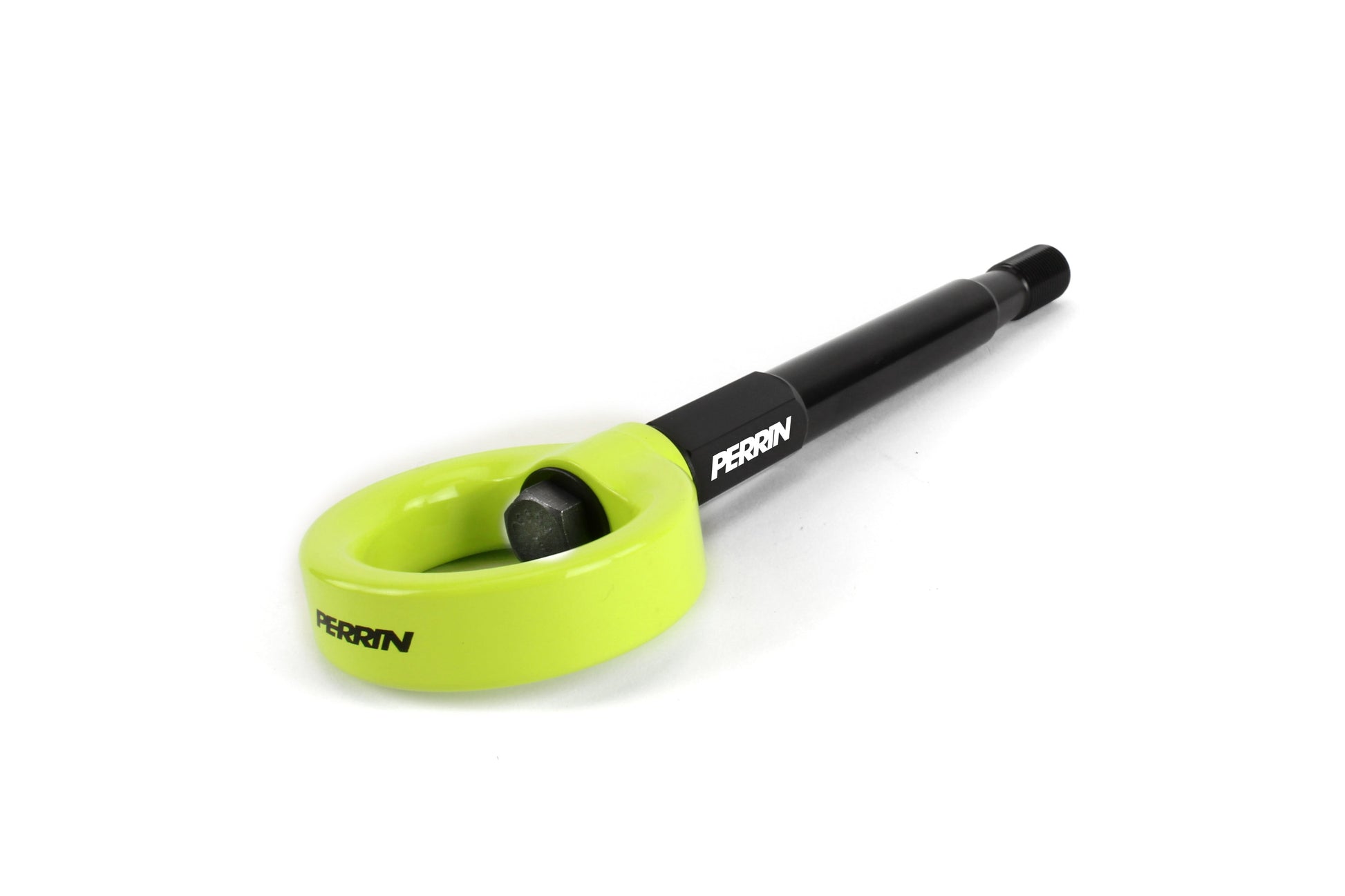 PERRIN rear tow hook for 2008-2014 WRX, STI Sedan, and Outback, featuring a bright green loop and durable black shaft.