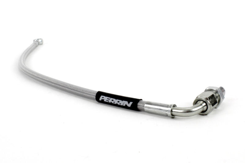 Perrin clutch line featuring a stainless steel braided hose with a black label and metal fittings.
