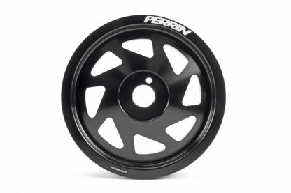 Lightweight crank pulley for WRX/STI featuring a sleek black finish and a unique spoke design for enhanced performance.