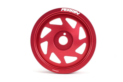 Lightweight red crank pulley designed for WRX/STI, featuring a sleek, multi-spoke design for enhanced performance.