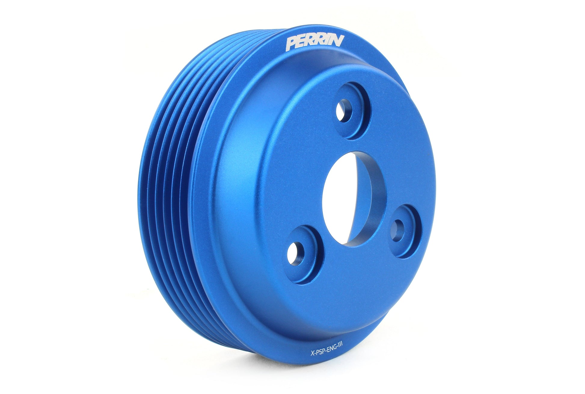 Blue water pump pulley designed for 2015-2021 WRX, Forester XT, Impreza, and Crosstrek performance upgrades.
