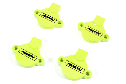 Bright yellow Cam Solenoid Covers for WRX, featuring the Perrin logo, designed for enhanced engine aesthetics and protection.