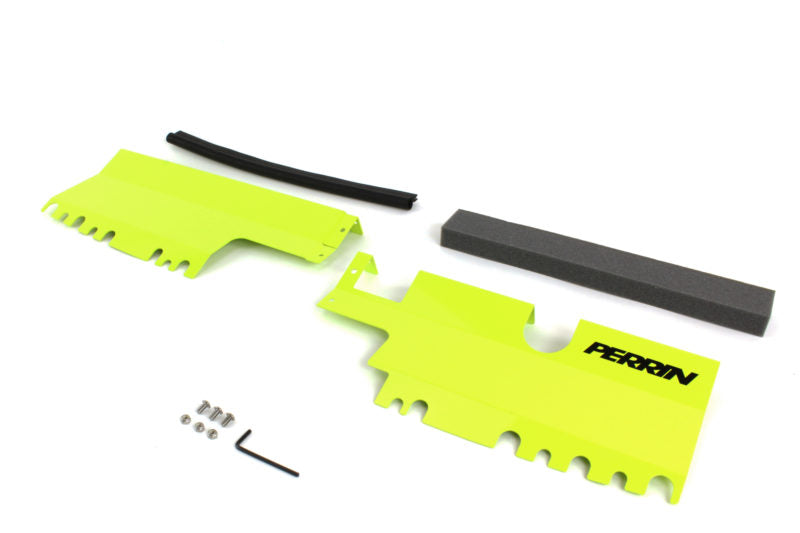 Bright yellow radiator shroud kit for 2015-2021 WRX/STI, includes mounting hardware and foam seal.
