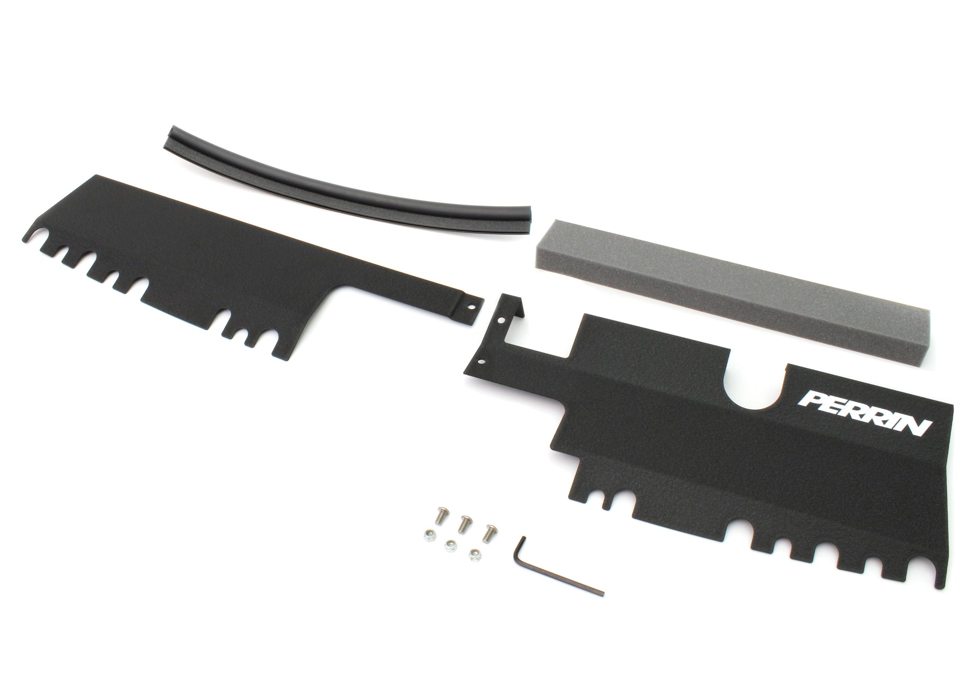 PERRIN radiator shroud for 2015-2021 WRX/STI, includes shroud pieces, foam seal, and installation hardware.