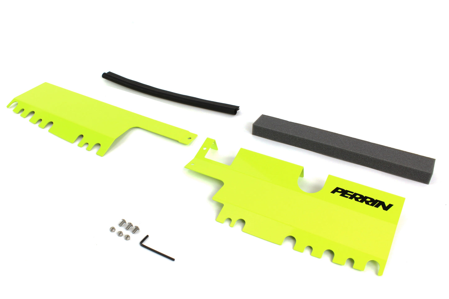 Perrin radiator shroud for 2015-2021 WRX/STI in bright yellow, includes foam strip and installation hardware.