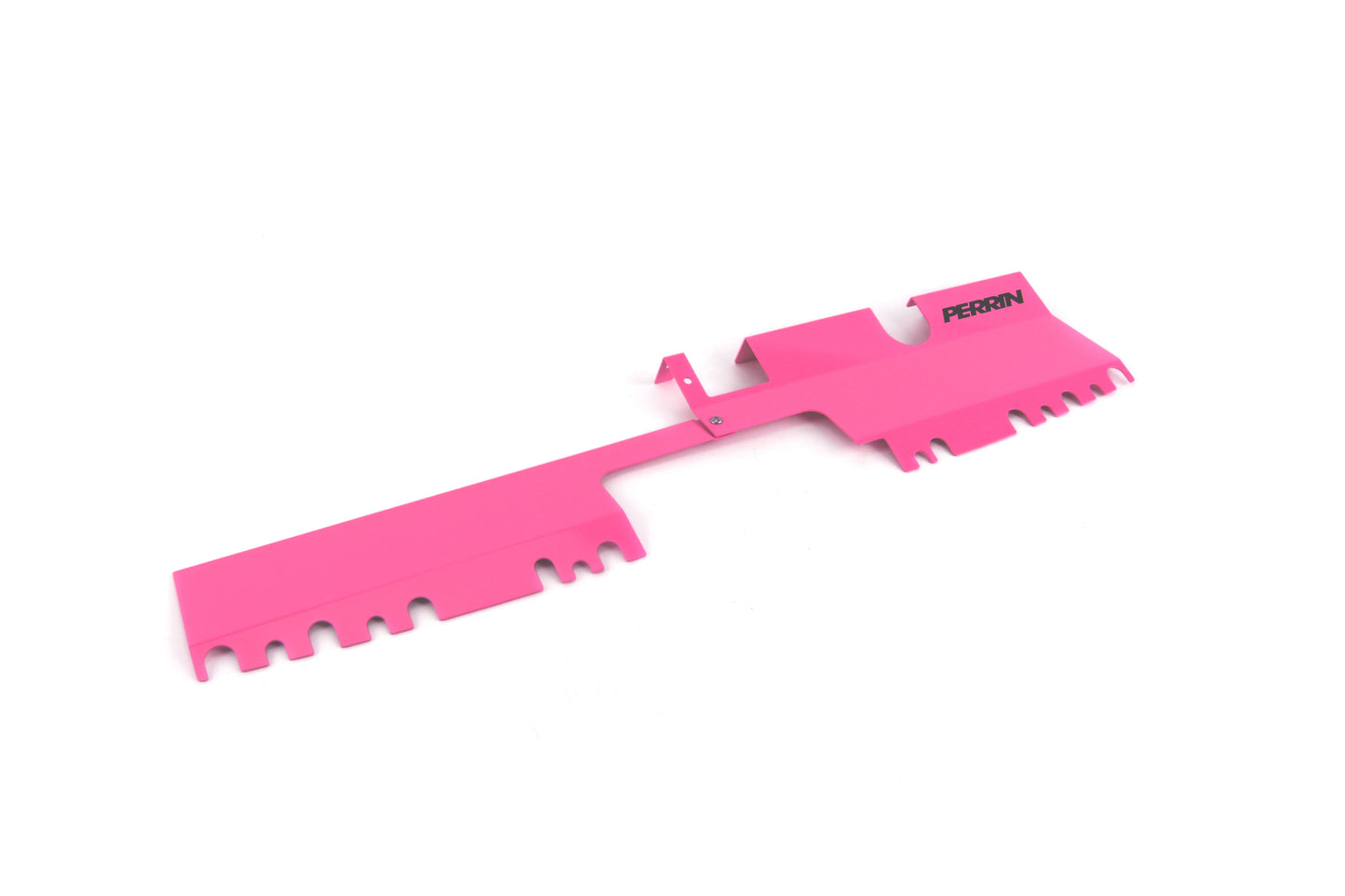 Perrin radiator shroud in vibrant pink for 2015-2021 WRX/STI, enhancing cooling efficiency and engine performance.