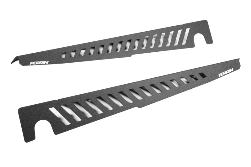 Perrin Fender Shrouds in black, featuring a sleek design with cutouts for improved airflow and aesthetics.