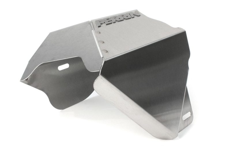 Stainless steel heat shield with a sleek design, featuring the Perrin logo, designed for engine protection.