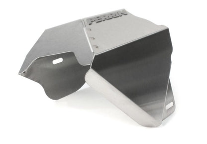 Stainless steel heat shield with a sleek design, featuring the Perrin logo, designed for engine protection.