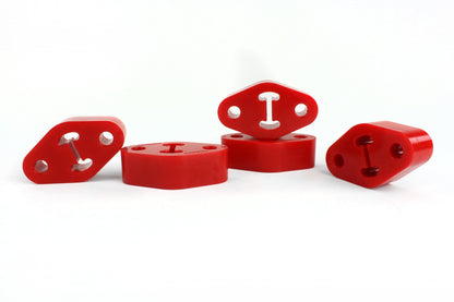 Durable red exhaust hangers designed for 2008-25 Subaru WRX, STI, BRZ, FR-S, GR86, Forester, XT, Outback, and Legacy.
