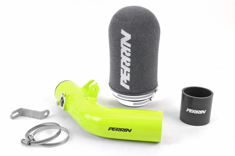 Cold air intake kit for 2016-2017 Subaru STI, featuring a bright green intake pipe, filter, and installation accessories.