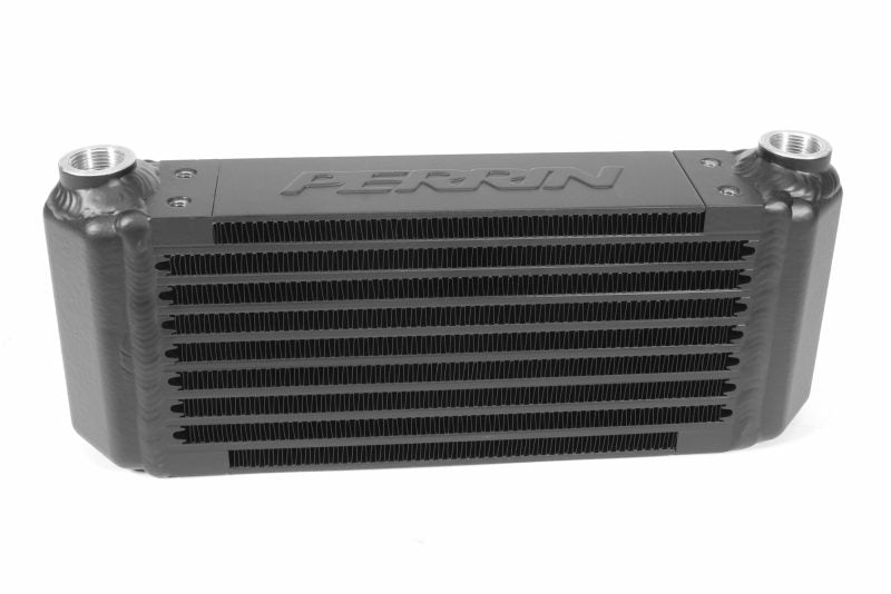 Universal oil cooler core with a sleek black finish and multiple fins for efficient heat dissipation.