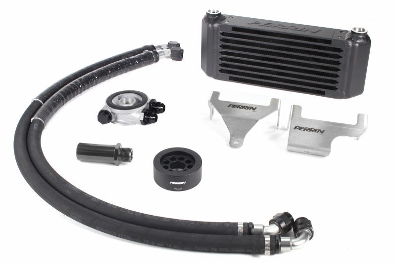 Oil cooler full kit for 2002-2014 WRX, including cooler, hoses, fittings, and mounting hardware.
