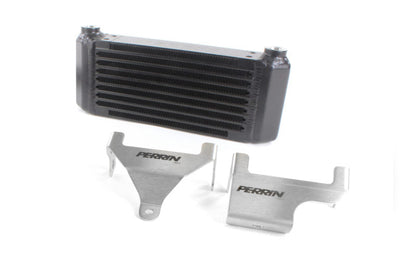 Oil cooler tuner kit for 2015-2021 WRX, featuring a black cooler and stainless steel mounting brackets.