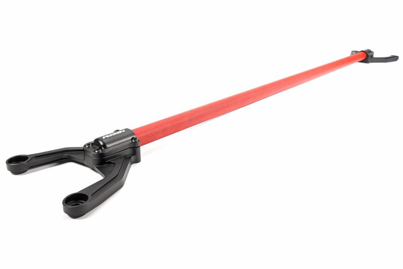 Rear shock tower brace for WRX/STI, featuring a sleek red bar and sturdy black mounting points for enhanced stability.