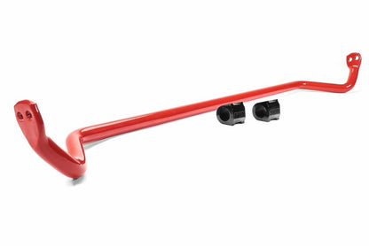 Red front sway bar for WRX/STI with mounting brackets, designed to enhance vehicle stability and handling.
