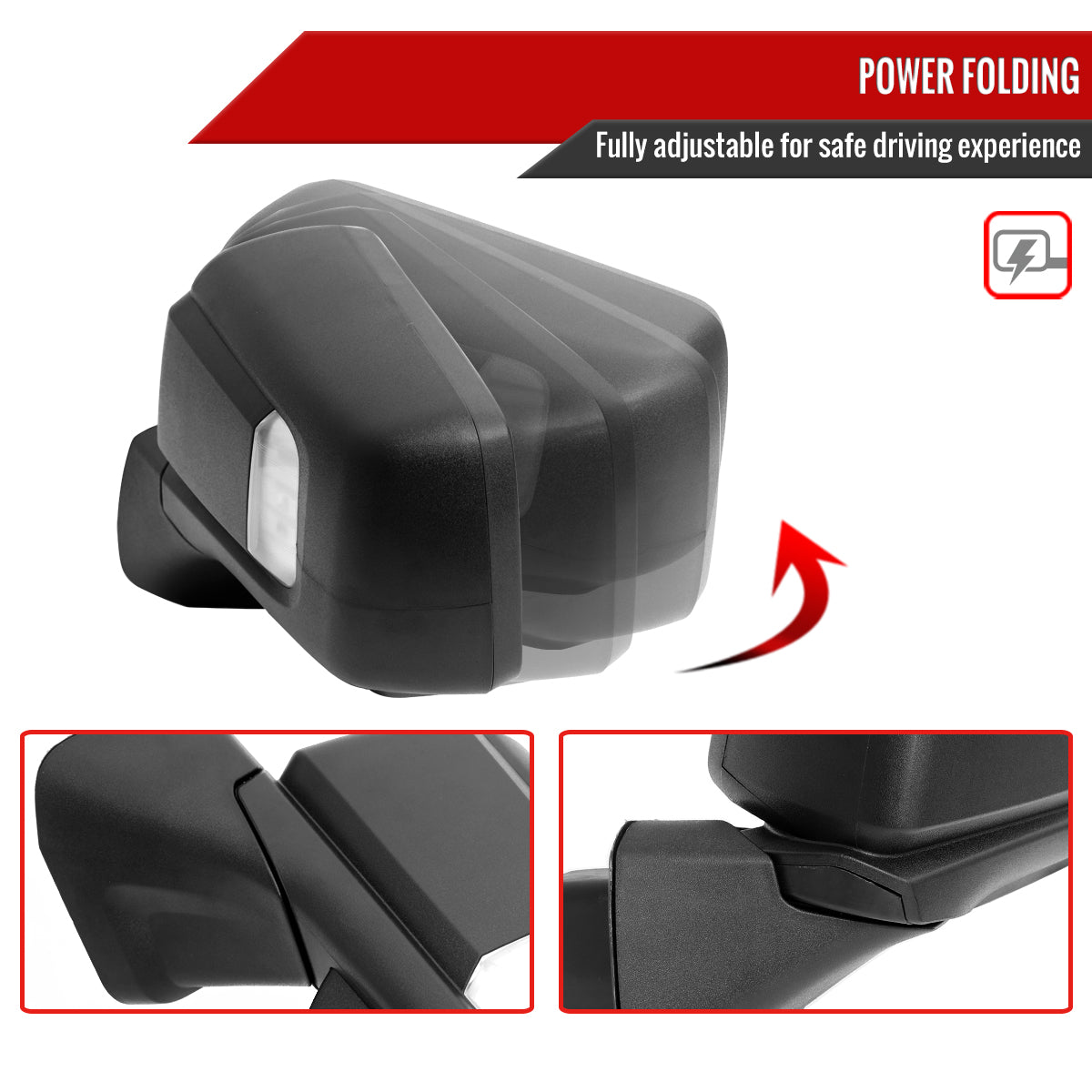 2019-2024 GMC Sierra 1500 Black Power Adjustable, Auto-Fold, BSD & Heated Side Mirror w/ LED Puddle and Auxiliary Light - Driver Side Only