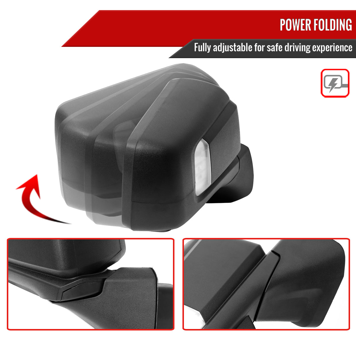 2019-2024 GMC Sierra 1500 Black Power Adjustable, Auto-Fold, BSD & Heated Side Mirror w/ LED Puddle and Auxiliary Light - Passenger Side Only