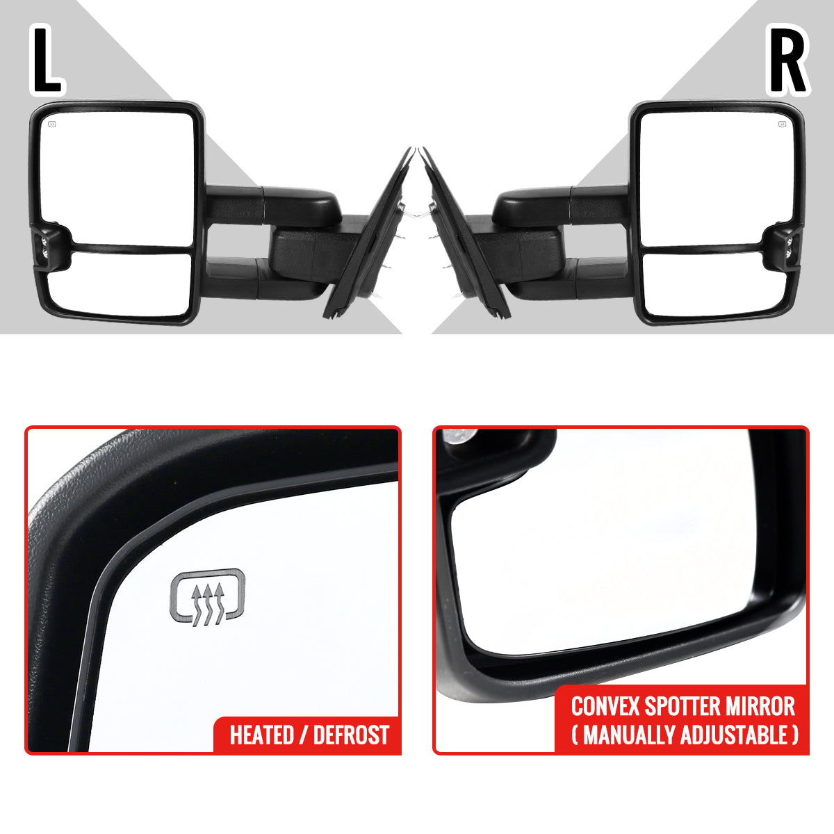 2014-2016 Chevrolet Silverado/GMC Sierra Power Heated ATS Manual Extendable Towing Mirrors w/ Amber Lens LED Turn Signal & Clearance Lights