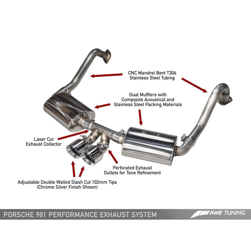 AWE Tuning Porsche 981 Performance Exhaust System - w/Chrome Silver Tips