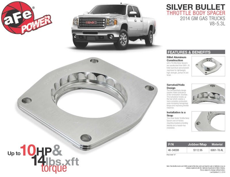 aFe Silver Bullet Throttle Body Spacers TBS 2014 GM Silverado/Sierra 1500 V8 5.3L - Throttle Body Spacers - aFe