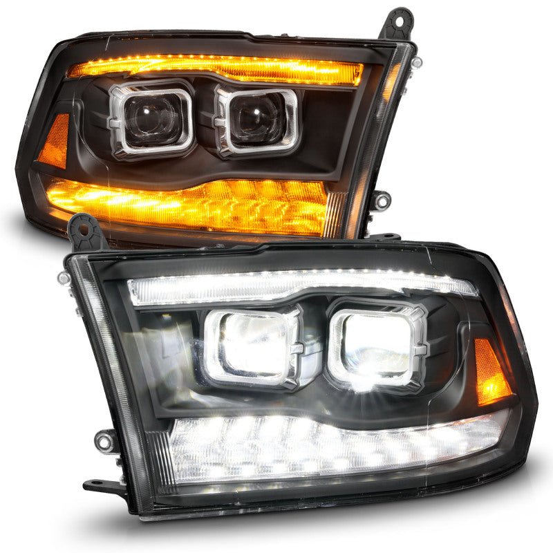 ANZO 09-18 Dodge Ram 1500/2500/3500 Full LED Proj Headlights w/Switchback Light Bar - Black-Headlights-ANZO