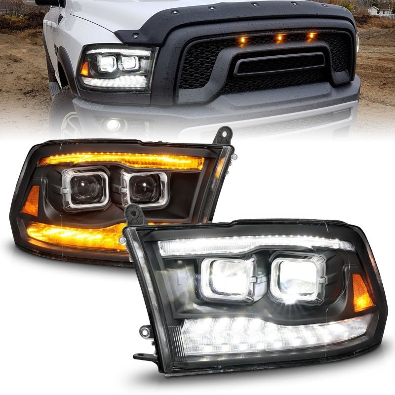 ANZO 09-18 Dodge Ram 1500/2500/3500 Full LED Proj Headlights w/Switchback Light Bar - Black-Headlights-ANZO