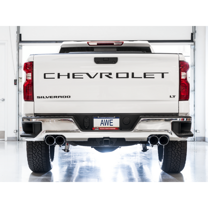 AWE Tuning 4th Gen GM 1500 6.2L 0FG Catback Split Rear Exit (w/ Bumper Cutouts) - Quad Chrome Tips