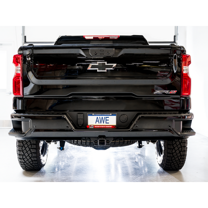 AWE Tuning 22-23 GMC Sierra 1500 AT4X 6.2L 0FG Catback Split Dual (Flat Bumper) - Bashguard(No Tips)