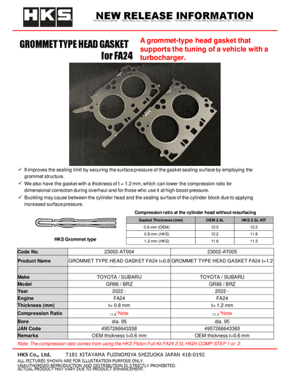 HKS Subaru FA20 0.8mm Thickness 11.8 CR Grommet Type Head Gasket