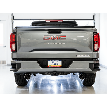AWE Tuning 4th Gen GM 1500 5.3L 0FG Catback Split Rear Exit (Flat Bumper) - Quad Chrome Tips