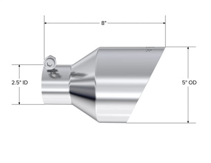 MBRP T304 SS Tip 2.5in ID, 5in OD Out, 8in Length, Angle Cut, Dual Wall