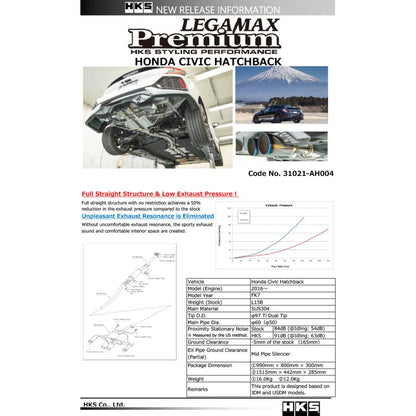 HKS Legamax Premium Exhaust System - Honda FK7 Civic Hatchback
