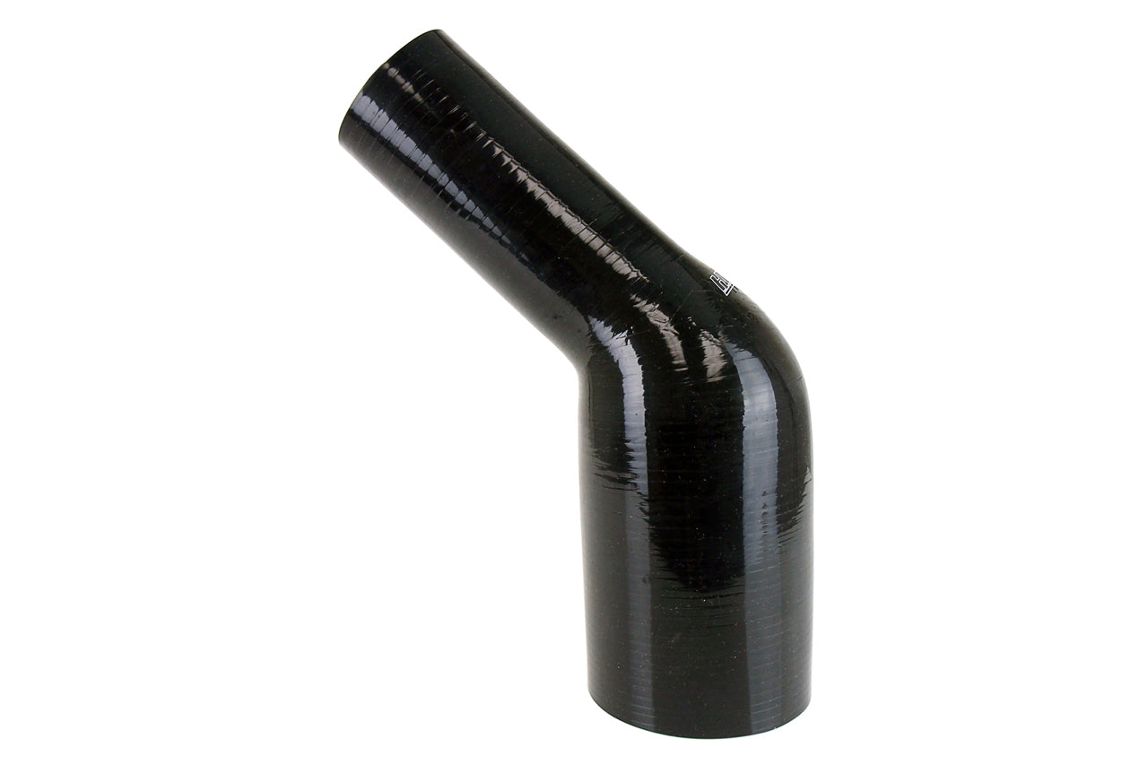 HPS 2-1/4 - 2-1/2 inch 2.25 2.5 Black Silicone 45 Degree Elbow Reducer Coupler Hose High Temp Reinforced 57mm 63mm HTSER45-225-250-BLK