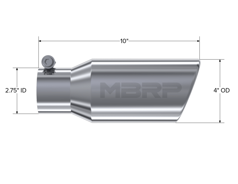 MBRP Universal Tip 4in OD 2.75in Inlet 10in Length Angled Rolled End T304 - Steel Tubing - MBRP