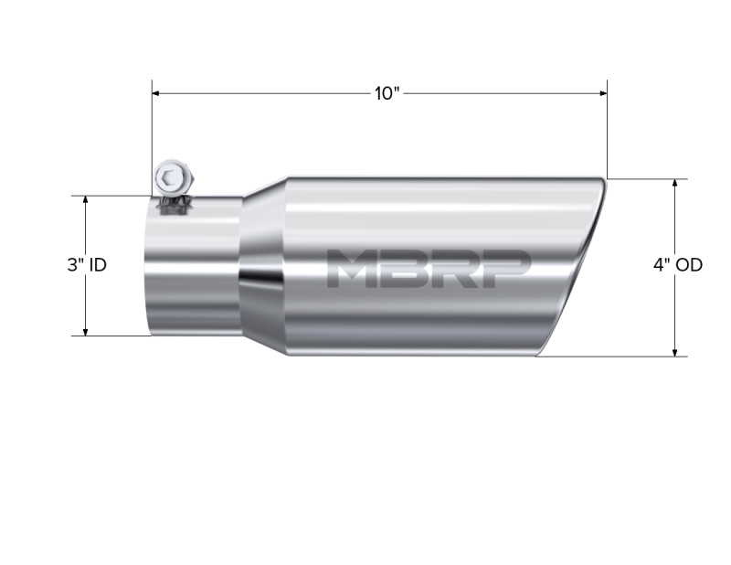 MBRP Universal Tip 4in OD 3in Inlet 10in Length Angled Rolled End T304 - Steel Tubing - MBRP