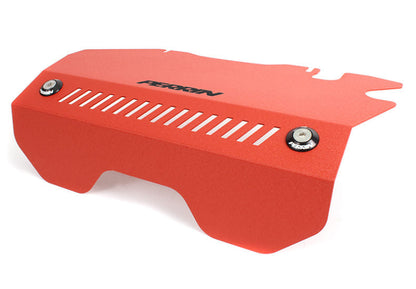 Pulley cover for 2015-2021 WRX in vibrant red, featuring ventilation slots and secure mounting points.