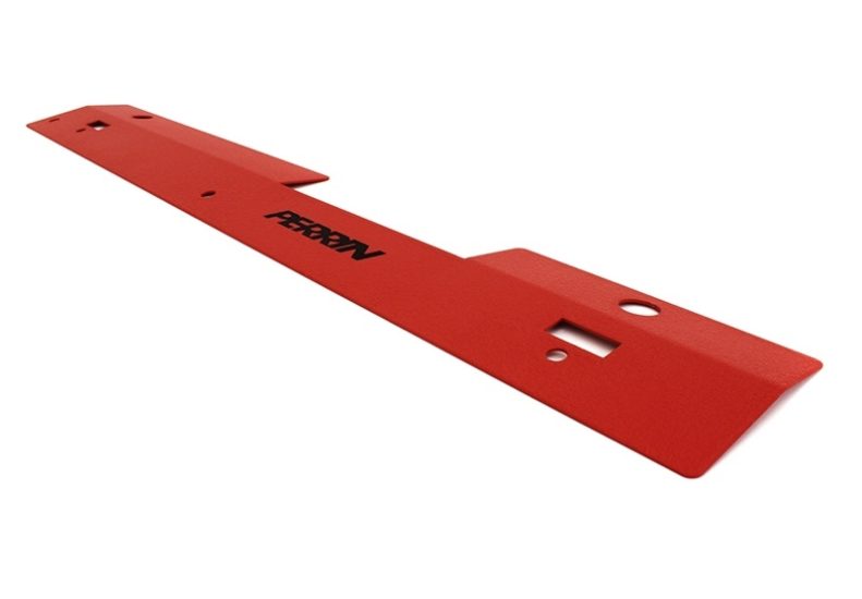 Red radiator shroud designed for 2002-2007 Subaru WRX/STI, featuring a sleek finish and precise cutouts for installation.
