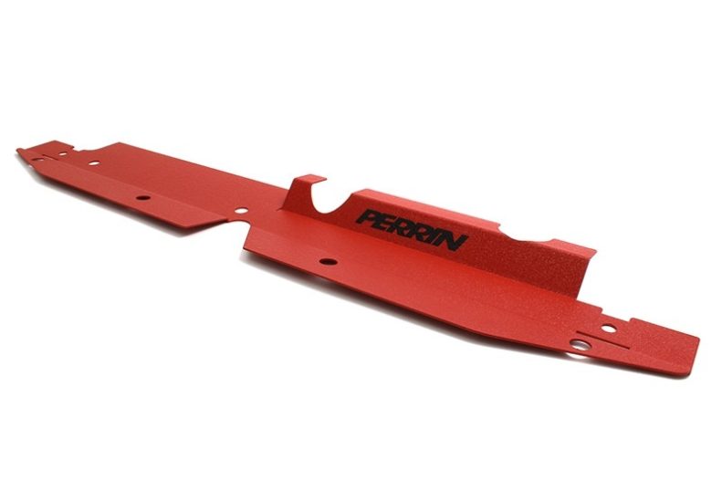 Red radiator shroud designed for 2008-2014 Subaru WRX/STI, featuring a sleek finish and Perrin branding.
