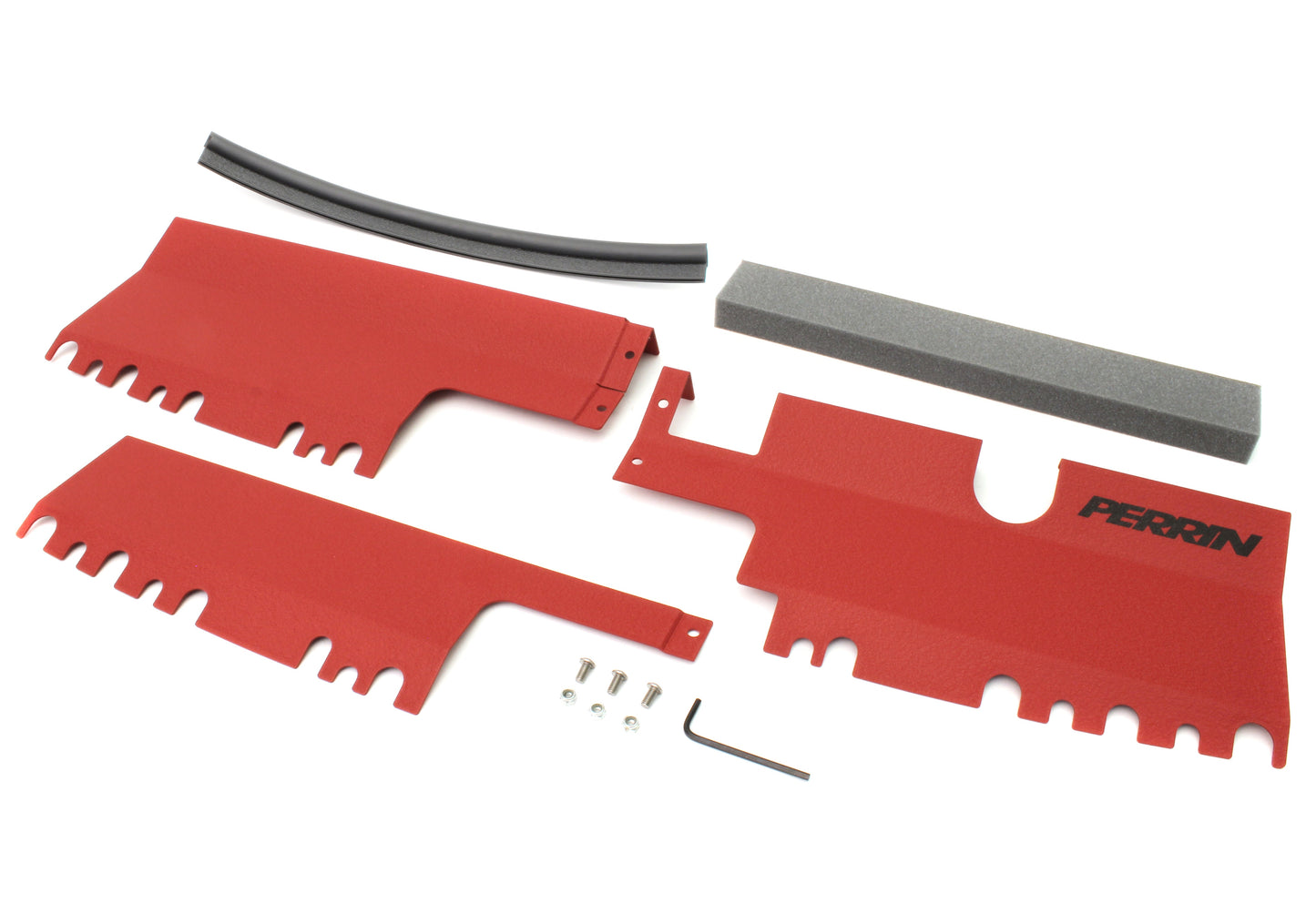 Perrin radiator shroud for 2015-2021 WRX/STI, includes red panels, foam strip, and mounting hardware for enhanced cooling.