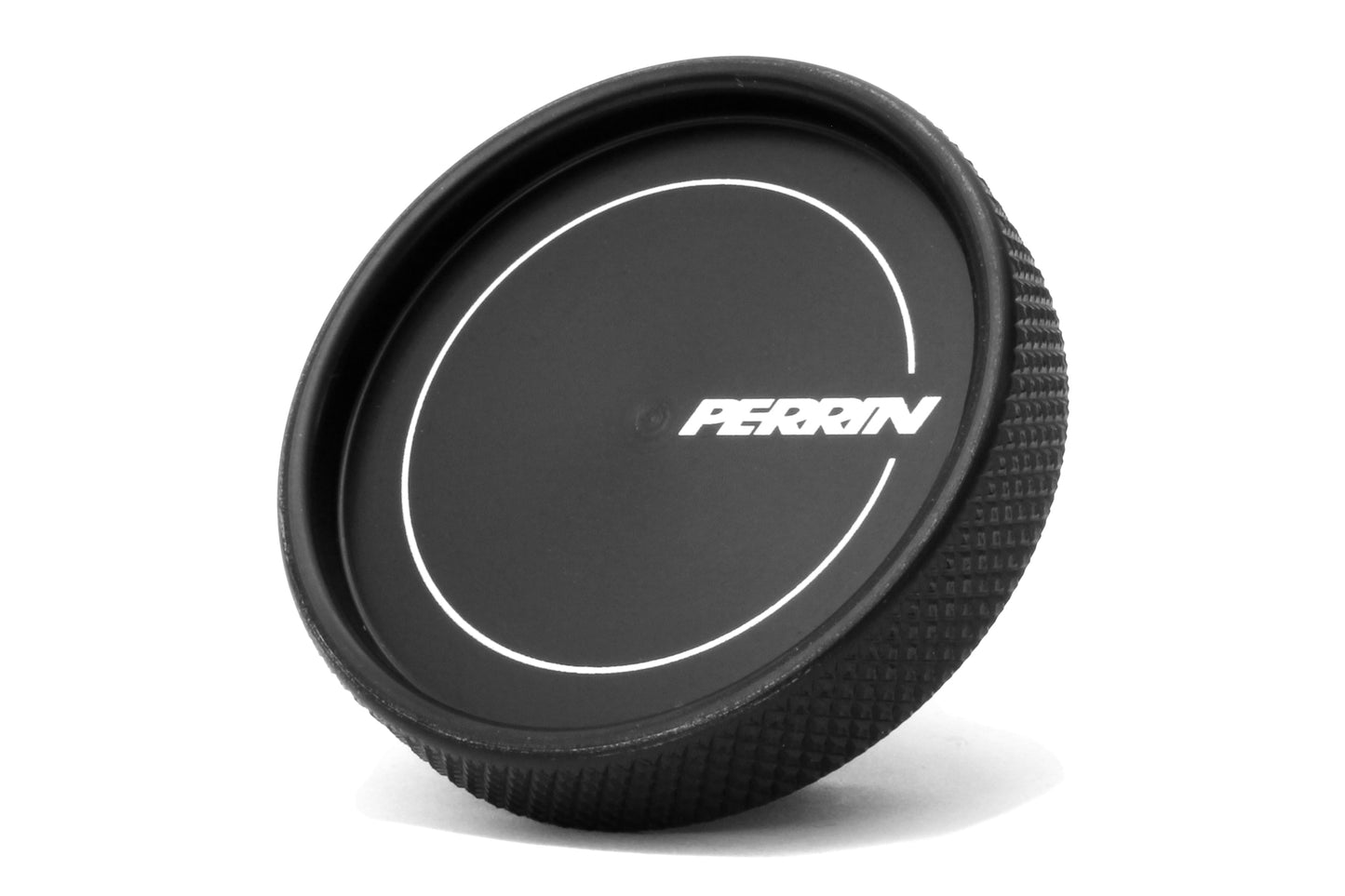 Perrin oil fill cap featuring a textured grip and sleek black finish, designed for performance vehicles.