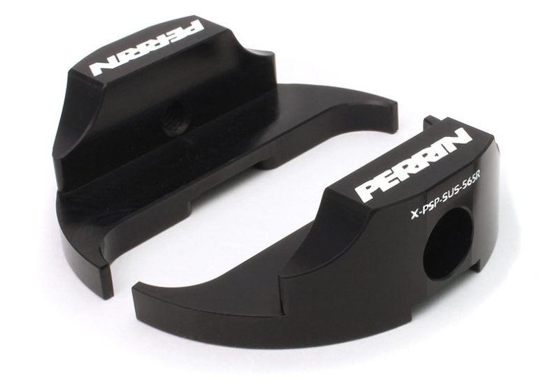 PERRIN steering dampener lockdown kit for Subaru - black anodized 6061 aluminum left and right brackets.