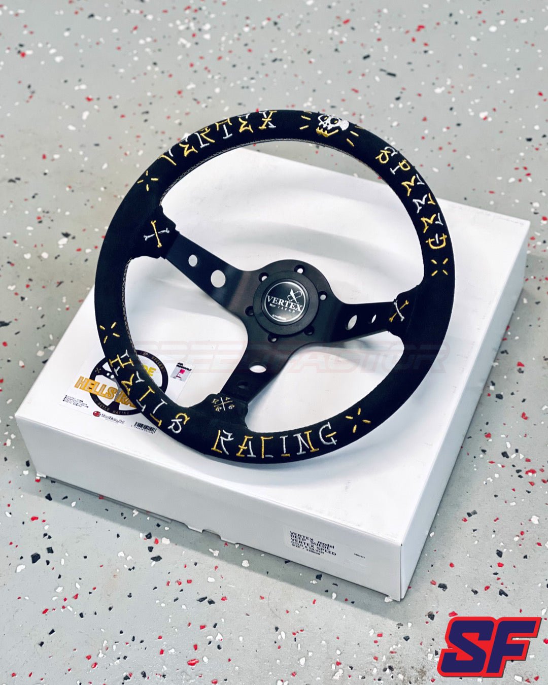 VERTEX HELLS RACING WHITE/GOLD 330MM SUEDE Steering Wheels